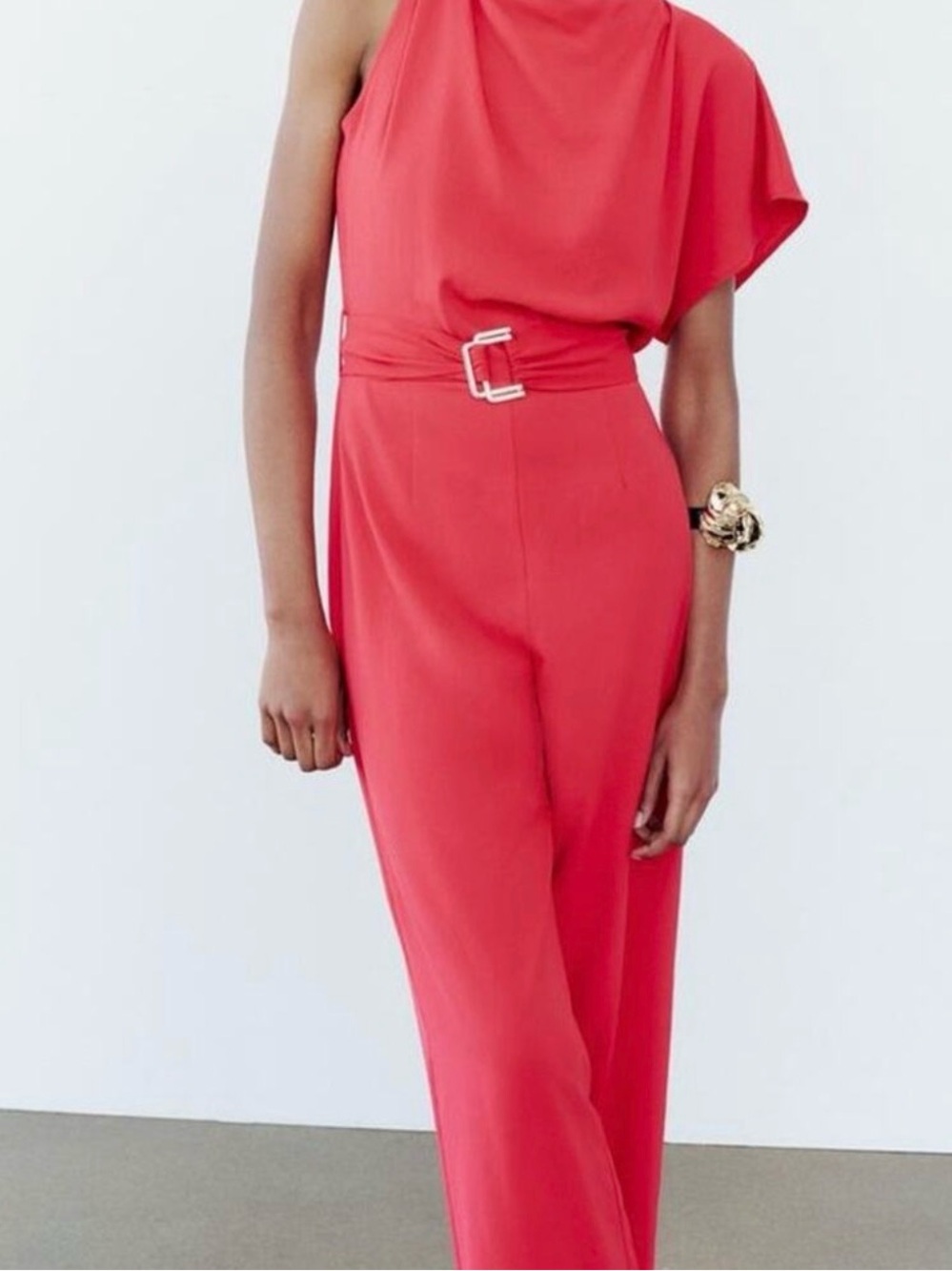Zara Coral One-Shoulder Belted Jumpsuit
